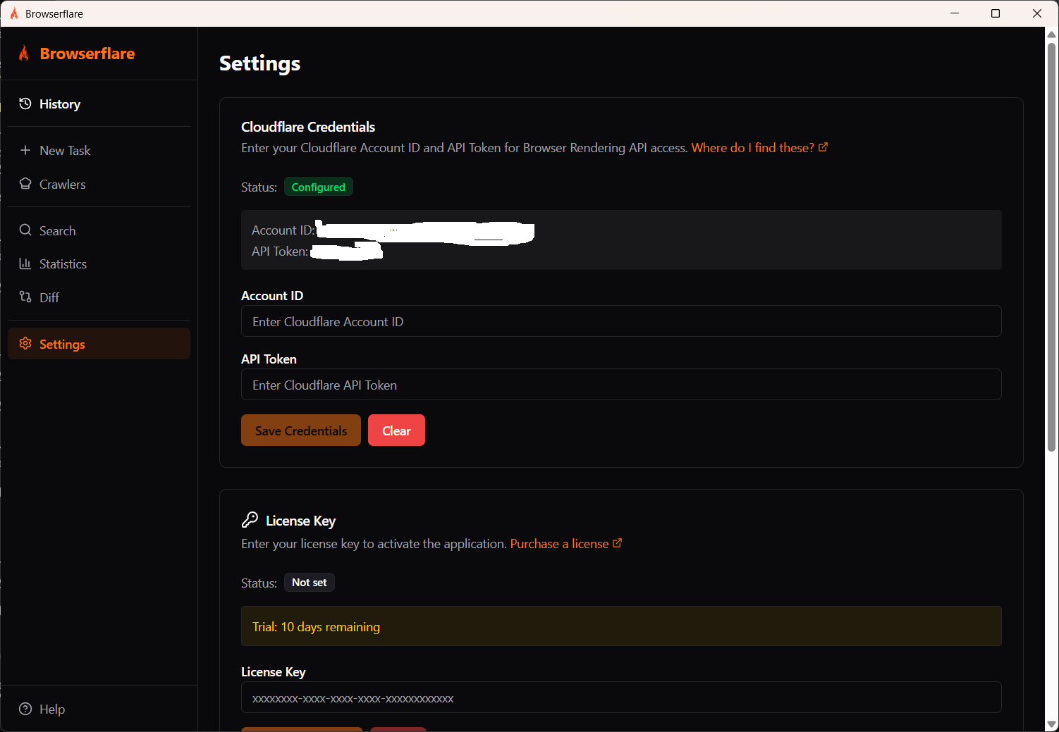 Settings page — Cloudflare Credentials section