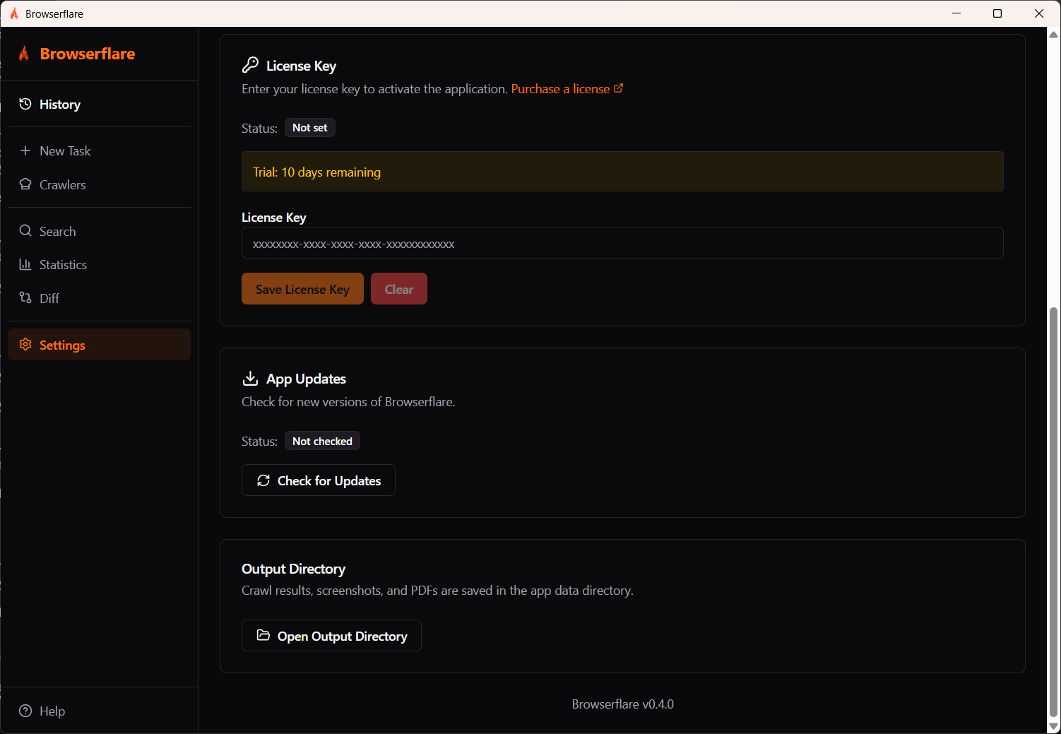 Settings page — License Key, App Updates, and Output Directory